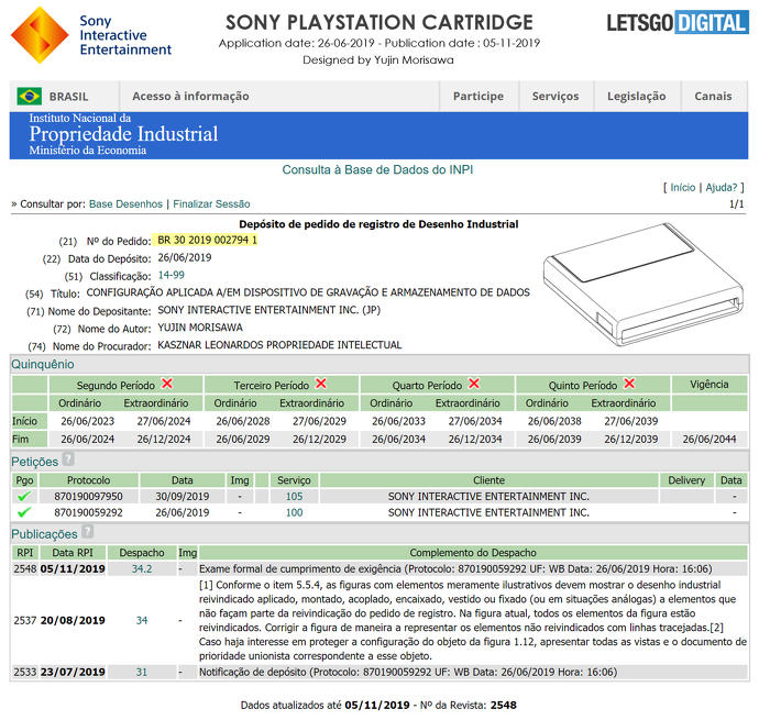 Patente de um cartucho feito pela Sony no Brasil vaza