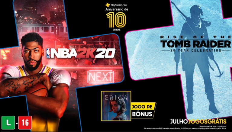 PS Plus 2020 Julho virá com NBA 2K20, Rise of the Tomb Raider 20 Year Celebration e Erica