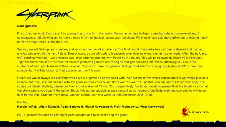 cd projekt red desculpas cyberpunk 2077