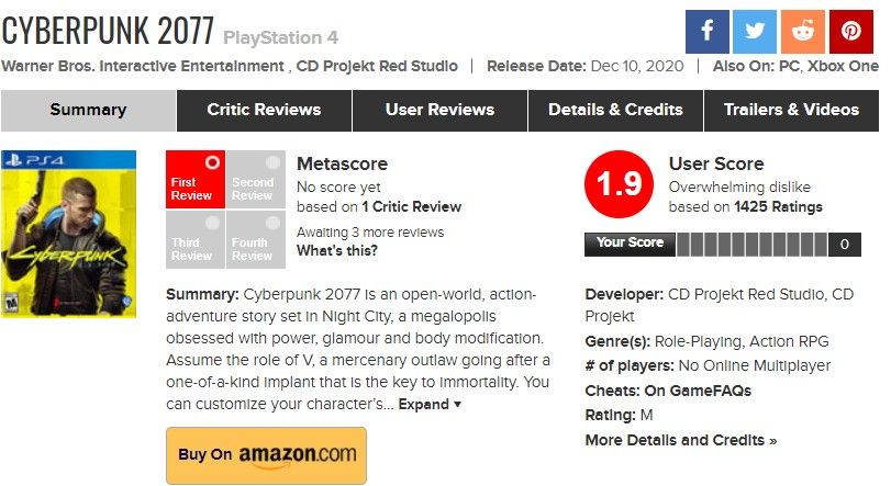 cyberpunk 2077 nota pessima usuario metacritic