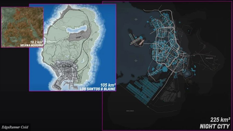 mapa cyberpunk 2077 maior gta 5