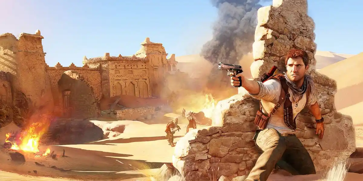 Uncharted 3 Nathan Drake escondendo deserto apontando arma Uncharted 3 Nathan Drake escondendo deserto apontando arma