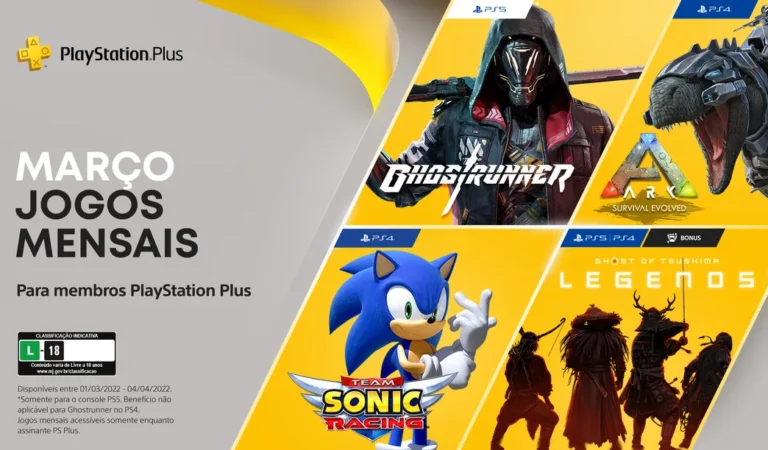 PS Plus 2022: Março virá com Ark: Survival Evolved, Team Sonic Racing, Ghostrunner e Ghost of Tsushima: Lendas