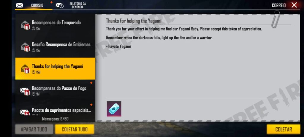 CODIGUIN FF Código Universal Free Fire Yagami's Gift para resgatar no Rewards Garena