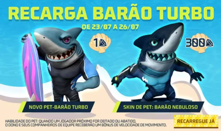 Evento de Recarga Free Fire Novo Pet Barão Turbo e a skin Barão Nebuloso 23 07 2022