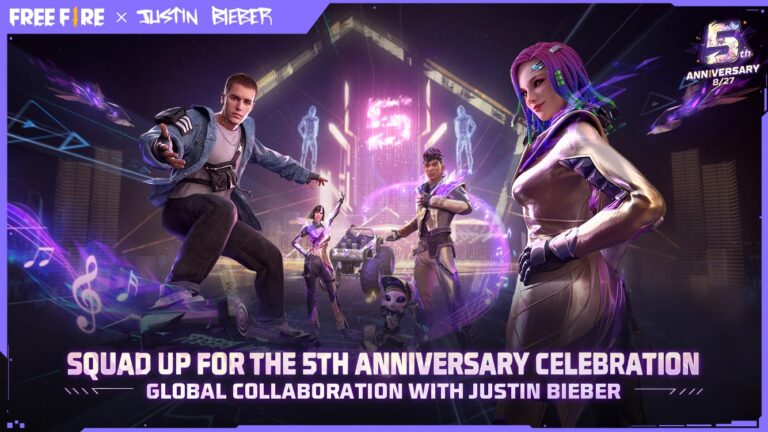 Evento de 5 aniversário do Free Fire colaboração de Justin Bieber, eventos e muito mais