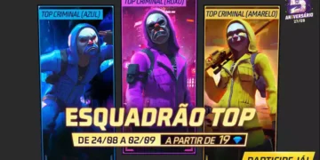 Esquadrão Top Free Fire Consiga as skins de Top Criminal Azul, Roxo e Amarelo