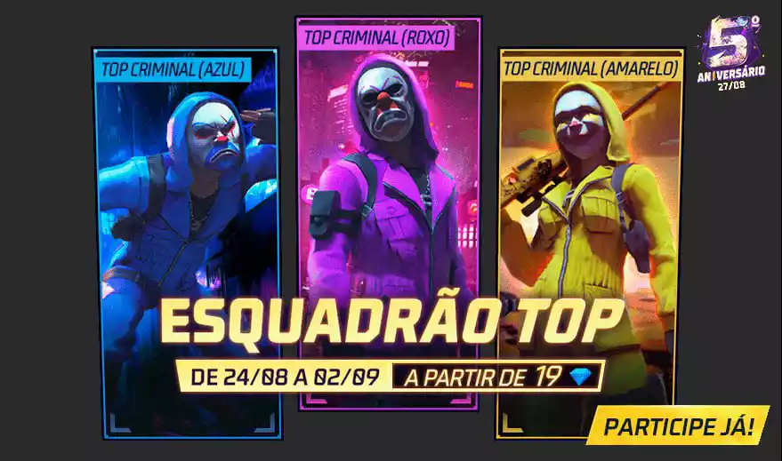 Garena Free Fire - O Esquadrão Top já está disponível no Frifas! Qual o seu  preferido? 🟡🟣🔵