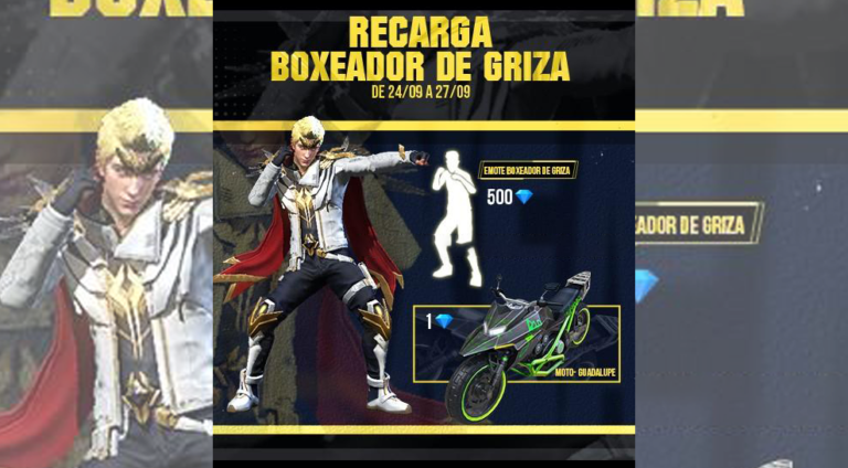 Evento de Recarga Free Fire Skin de Moto Guadalupe e o Emote Boxeador de Griza (24092022)