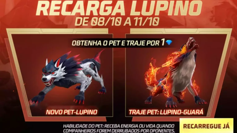 Evento de Recarga Free Fire Novo Pet Lupino e Traje Lupino-Guará (08102022)