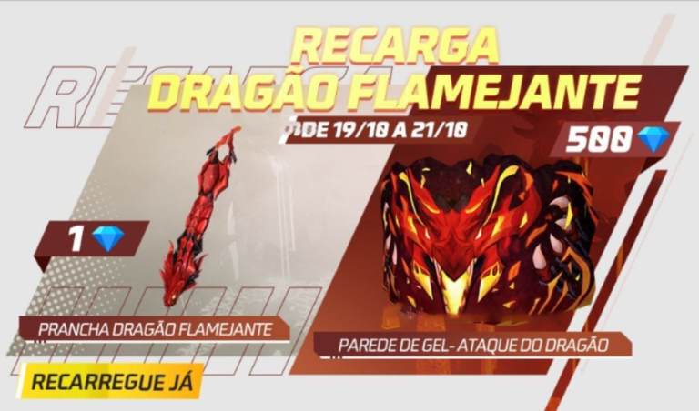 Evento de Recarga Free Fire Prancha Dragão Flamejante e Parede de Gel Ataque do Dragão 19 10 2022)