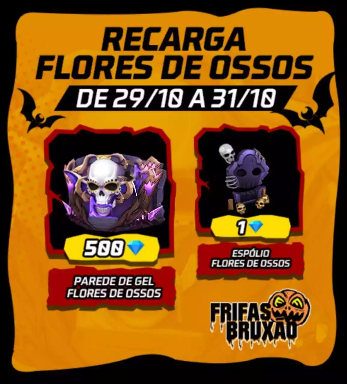 Recarga Free Fire: 29 de outubro (2022); diamantes por recompensa Flores de  Ossos