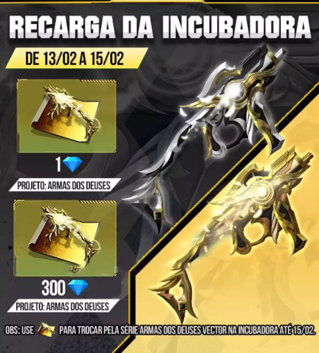 Recarga Incubadora Free Fire: Projeto Armas dos Deuses