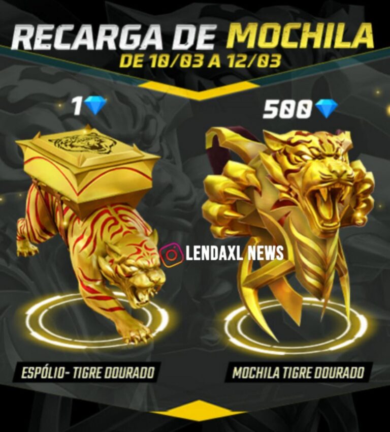 Evento de Recarga Free Fire Espólio e Mochila Tigre Dourado