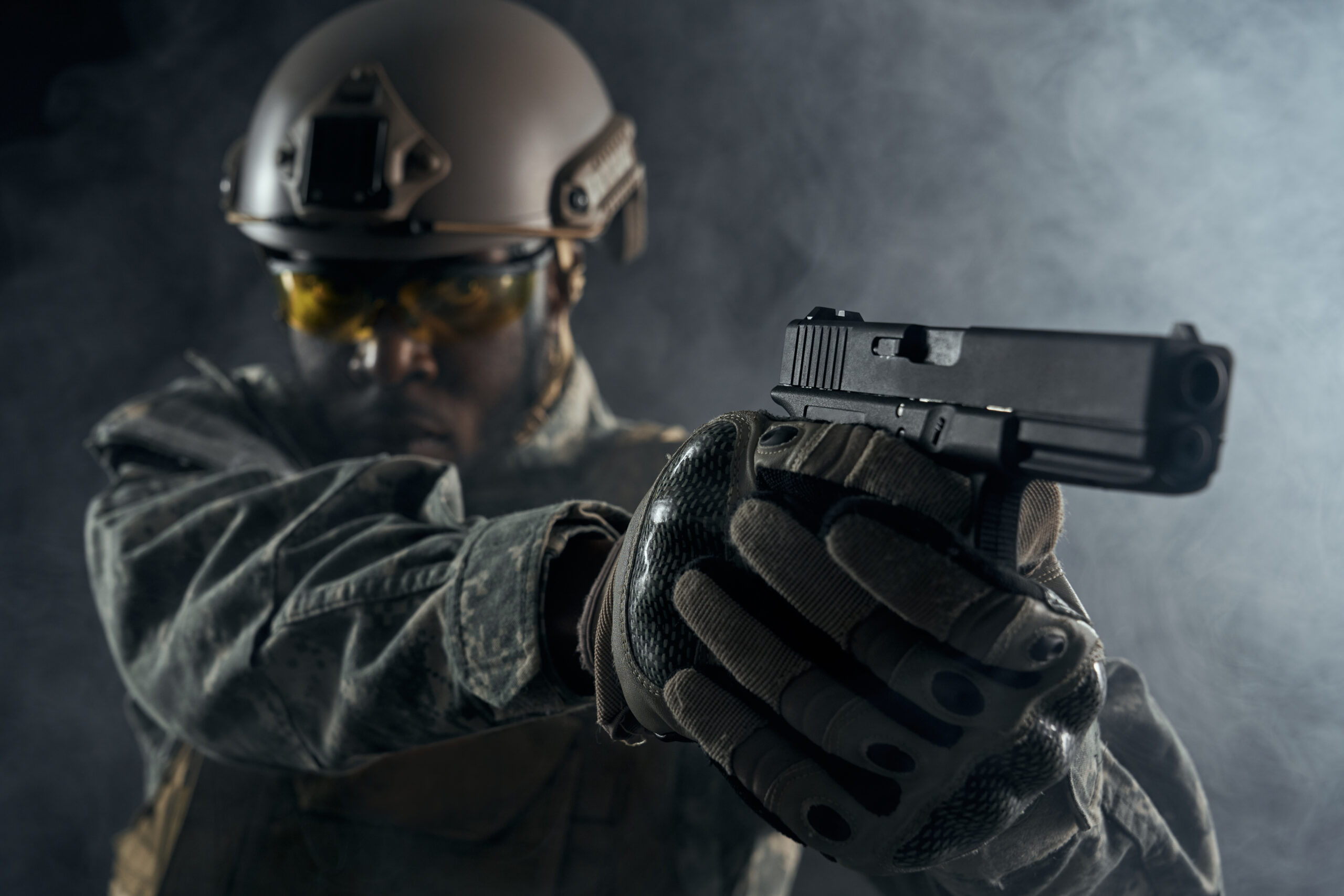 Gun in hands of American solider.