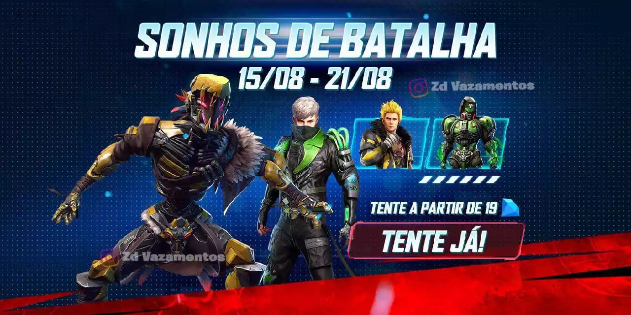 Sonhos de Batalha Free Fire Pacote Miséria, Toque Mortal e Redenção Agosto 2023