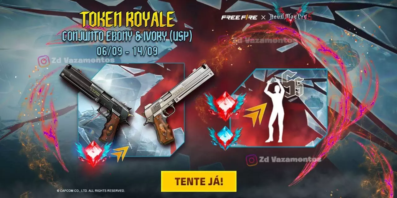 Token Royale Free Fire Armas USP Ebony e Ivory de Devil May Cry