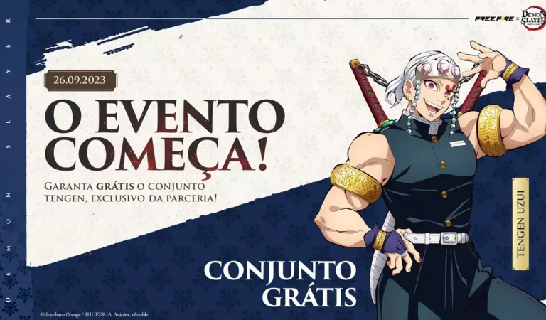 Grátis! Free Fire X Demon Slayer: Conjunto Tengen Uzui