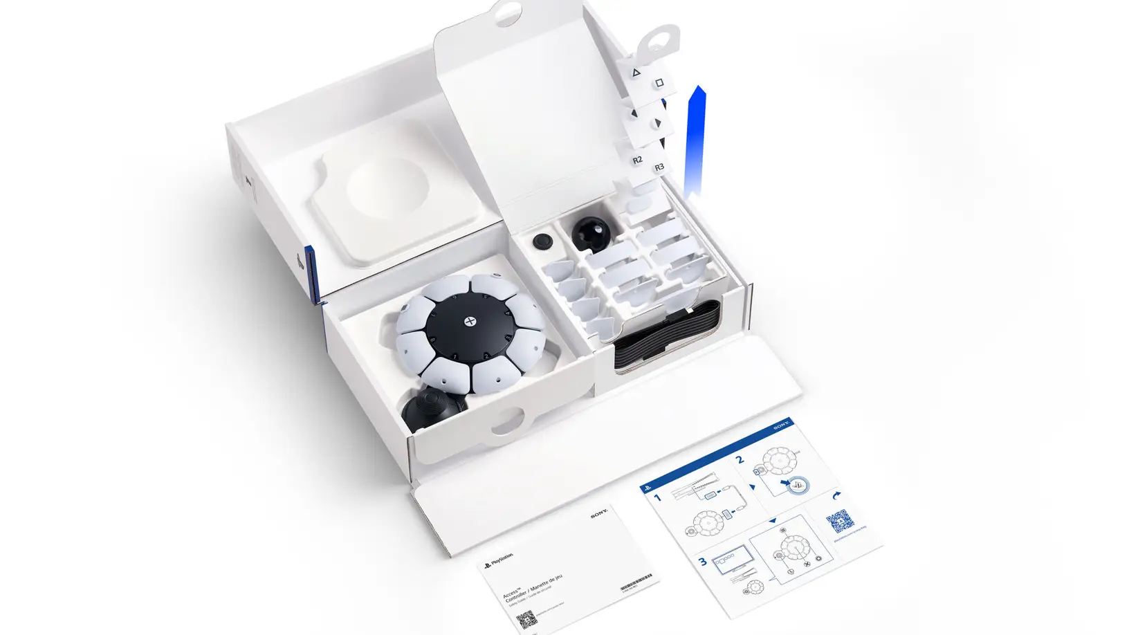 Access Controller Sony exibe interior da embalagem e acessórios da Logitech