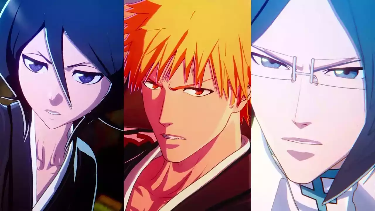 Ichigo Kurosaki, Rukia Kuchiki e Uryu Ishida do Bleach Rebirth of Souls