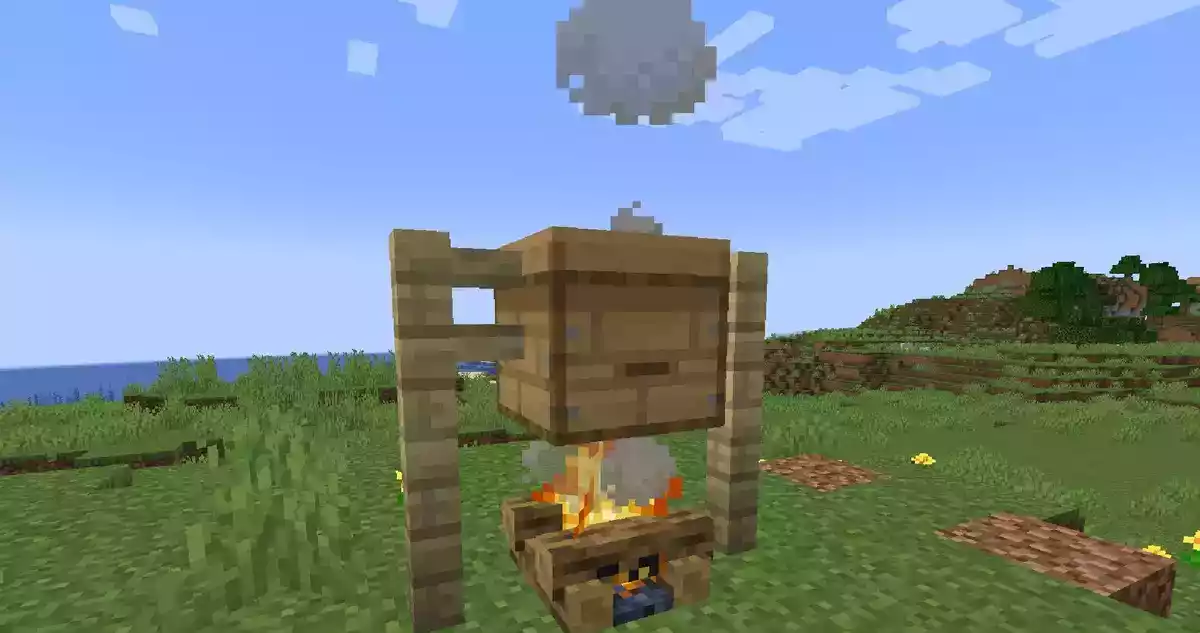 Uma colmeia de abelha no Minecraft sobre uma fogueira