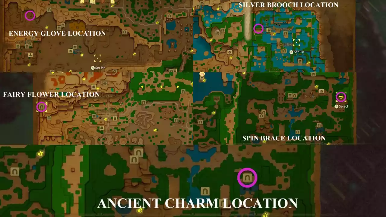 Localização de Acessórios no mapa Zelda Echoes of Wisdom