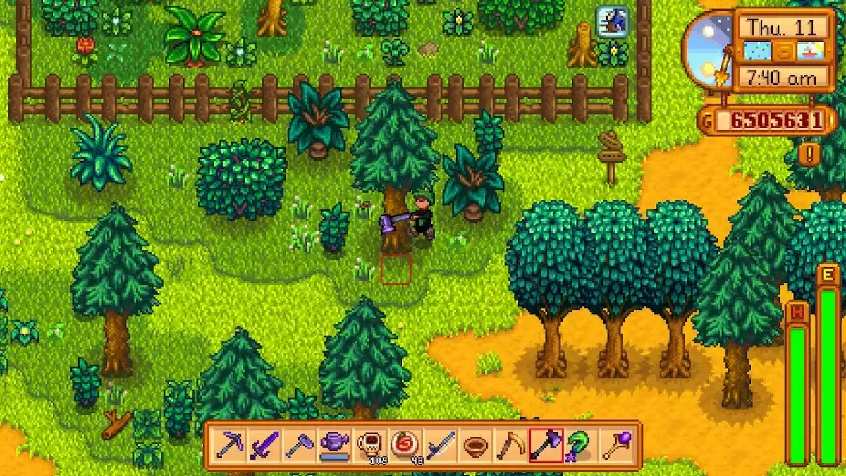 Plante e corte árvores fora da fazenda Stardew Valley