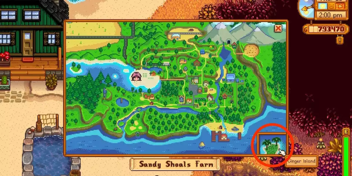 Stardew Valley Map with ginger island circled