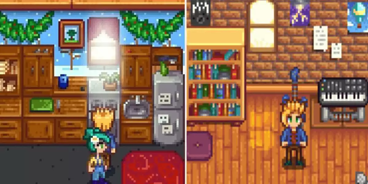 Stardew Valley Sam in front of the fridge left in spouse room right