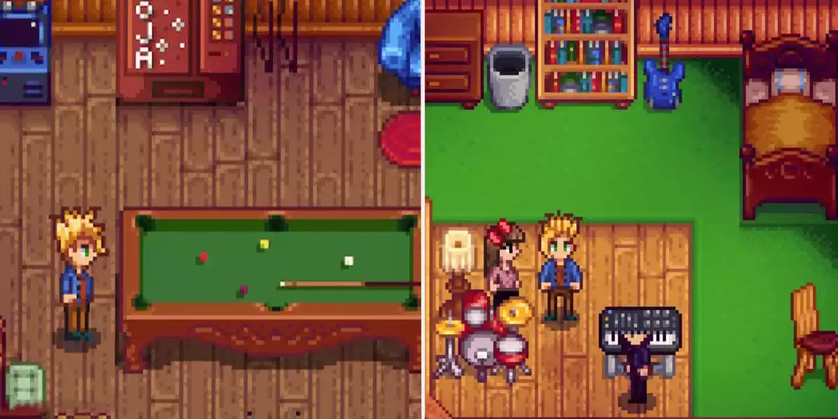 Stardew Valley Sam in the Saloon left and at home right 2