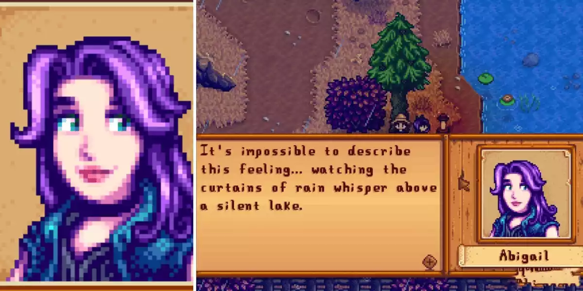 Stardew Valley Split Image Abigail left closeup of face right textbox of character talking