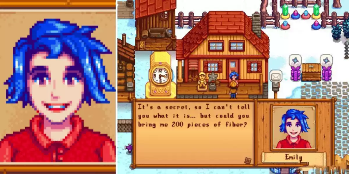 Stardew Valley Split Image Emily left closeup of face right textbox of character talking