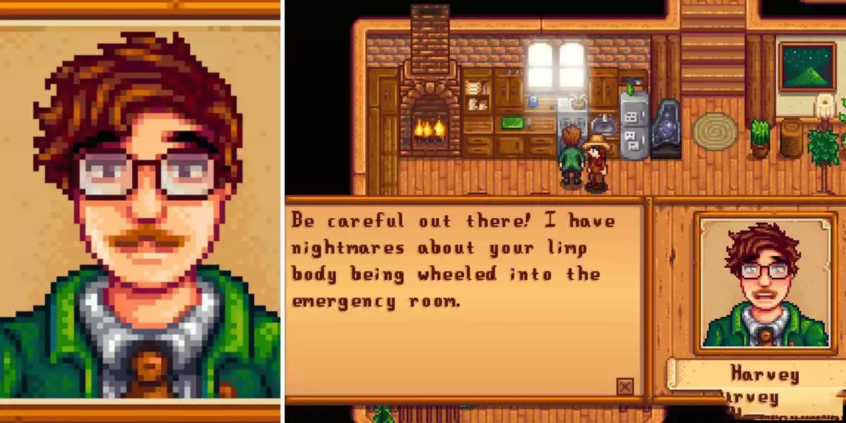 Stardew Valley Split Image Harvey left closeup of face right textbox of character talking2