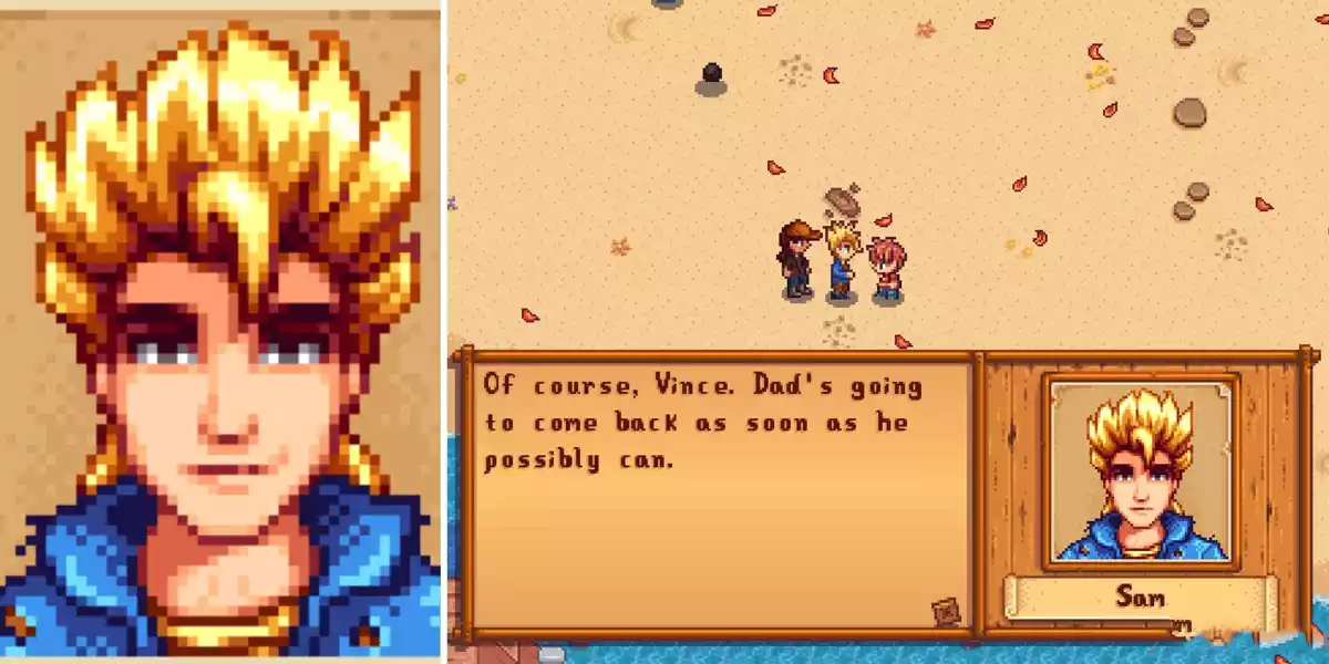 Stardew Valley Split Image Sam left closeup of face right textbox of character talking