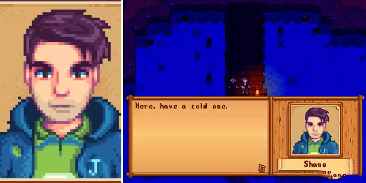 Stardew Valley Split Image Shane left closeup of face right textbox of character talking