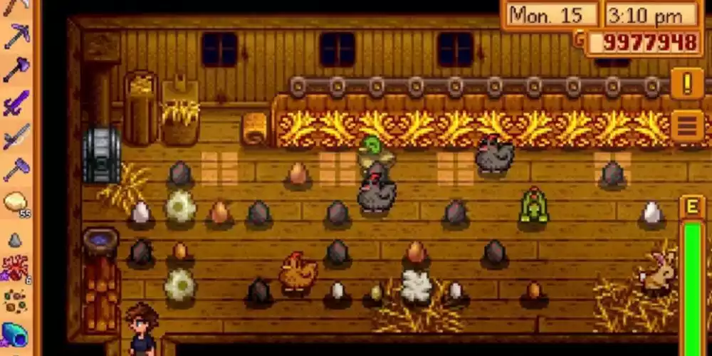 stardew valley player in a coop with chickens and dinosaurs