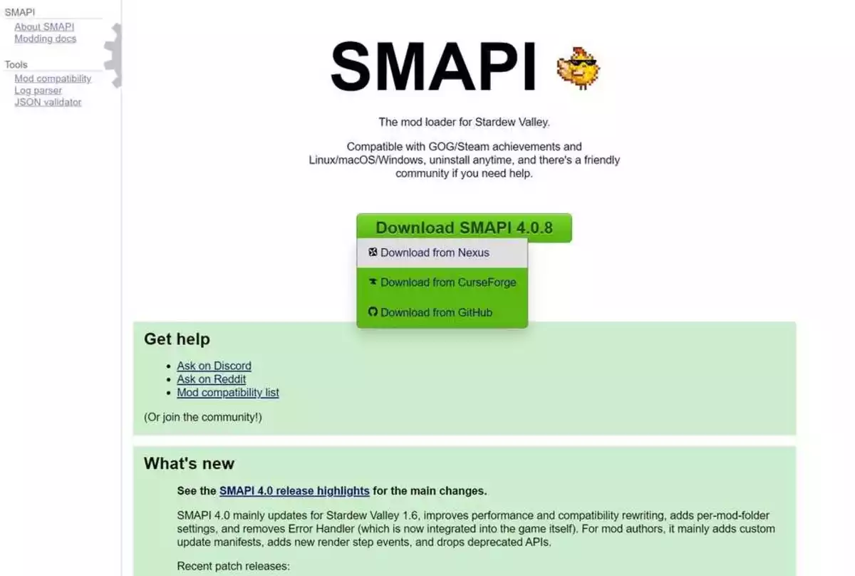 the homepage for smapi the app needed to install mods in stardew valley