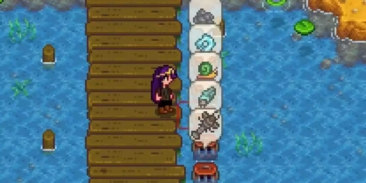 Stardew Valley Crab Pots Player standing on dock next to several crab pots.