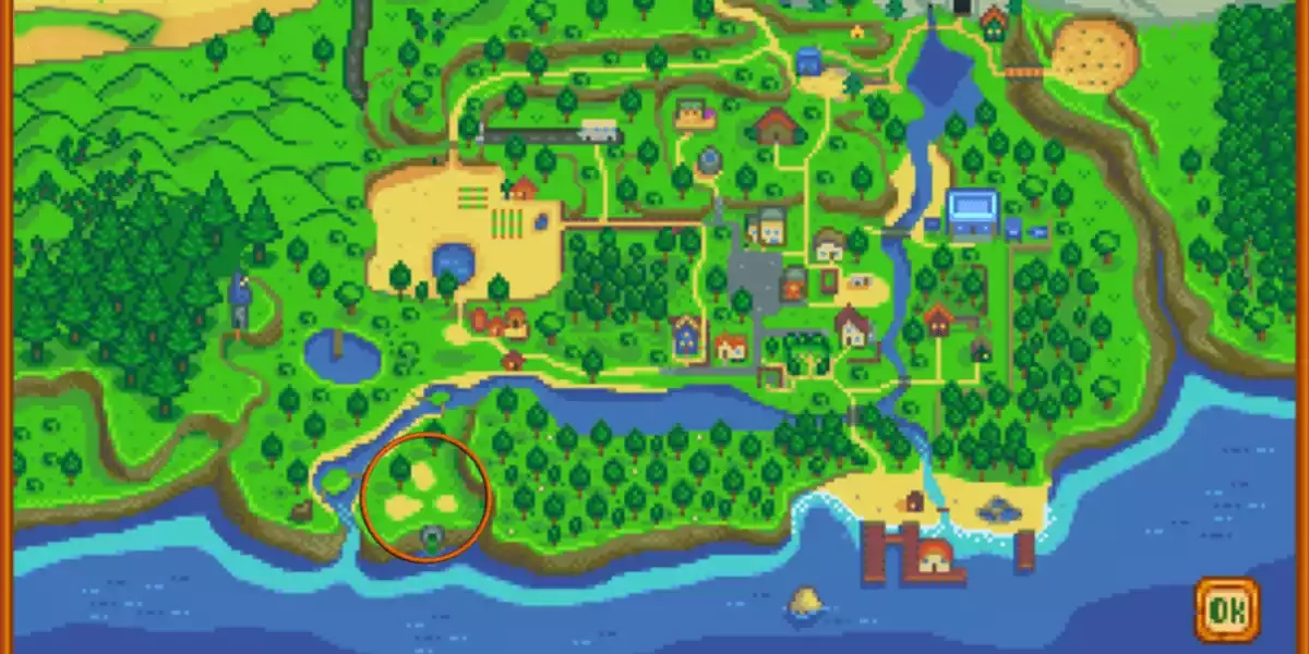 Stardew Valley Map with location of Robins Lost Axe marked