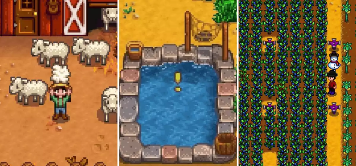 Stardew Valley Player with sheep on left Player with blueberries on right fish pond in centre