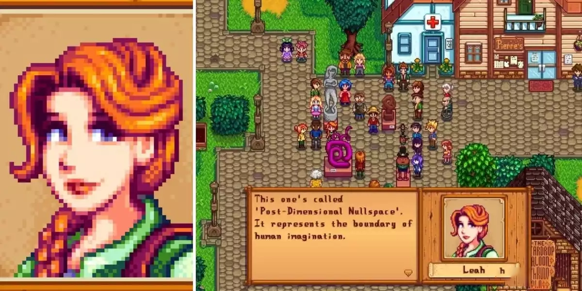 Stardew Valley Split Image Leah left closeup of face right textbox of character talking