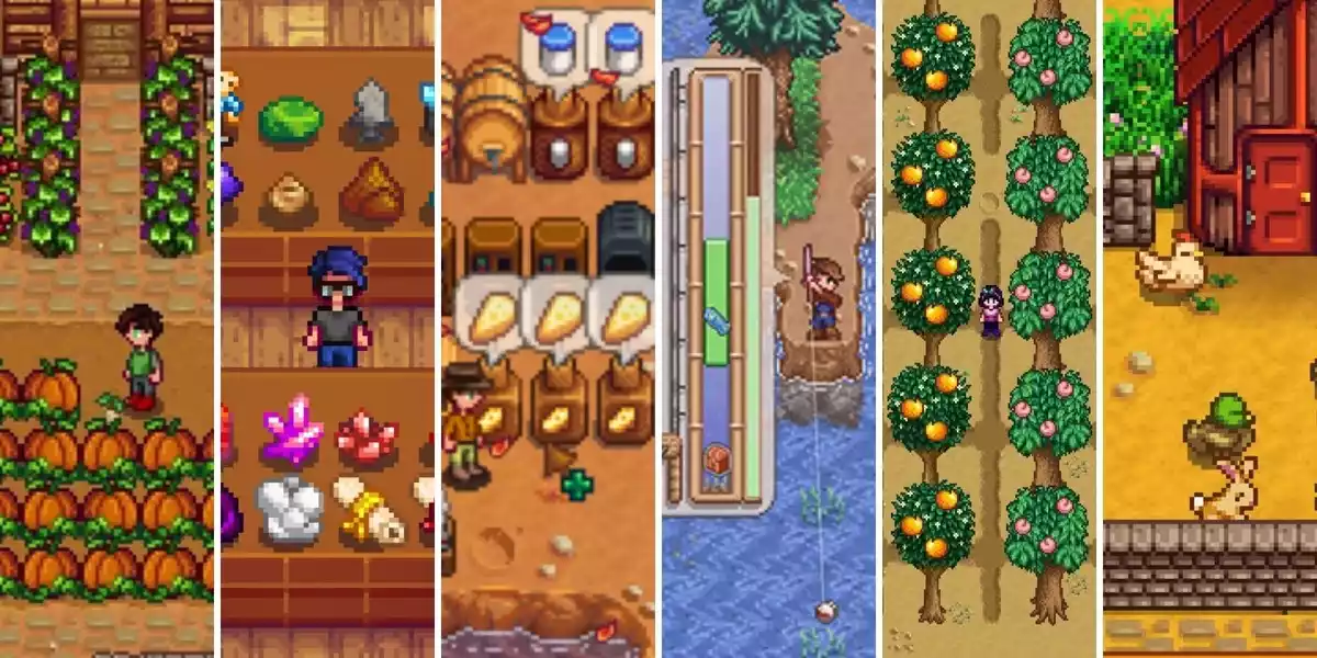 Stardew Valley Split image of various scenes from day to day life