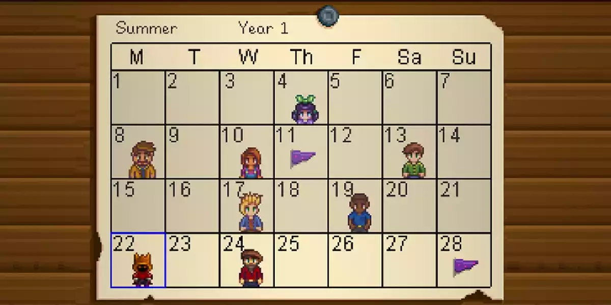 Stardew Valley Summer Calendar