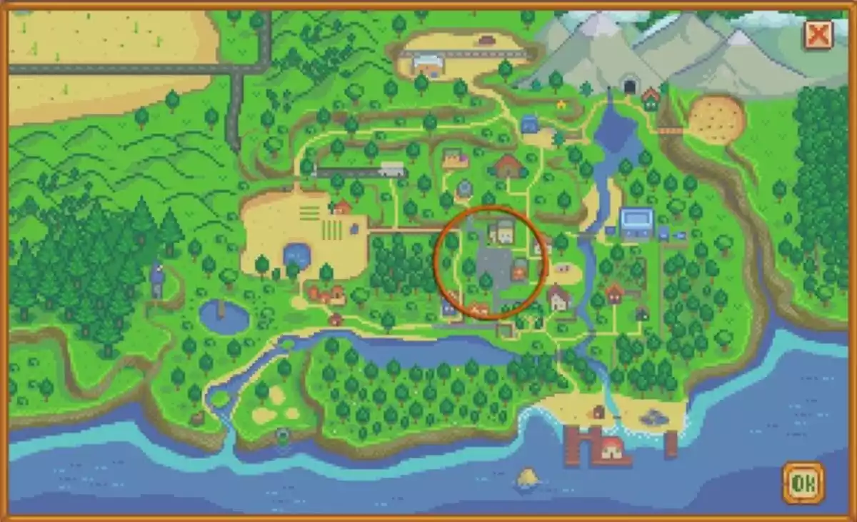 Stardew Valley map with pelican town circled