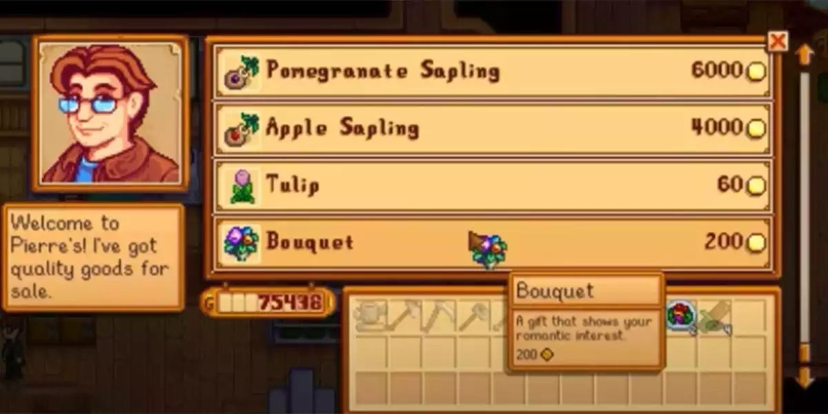 stardew valley buying a bouquet from pierre