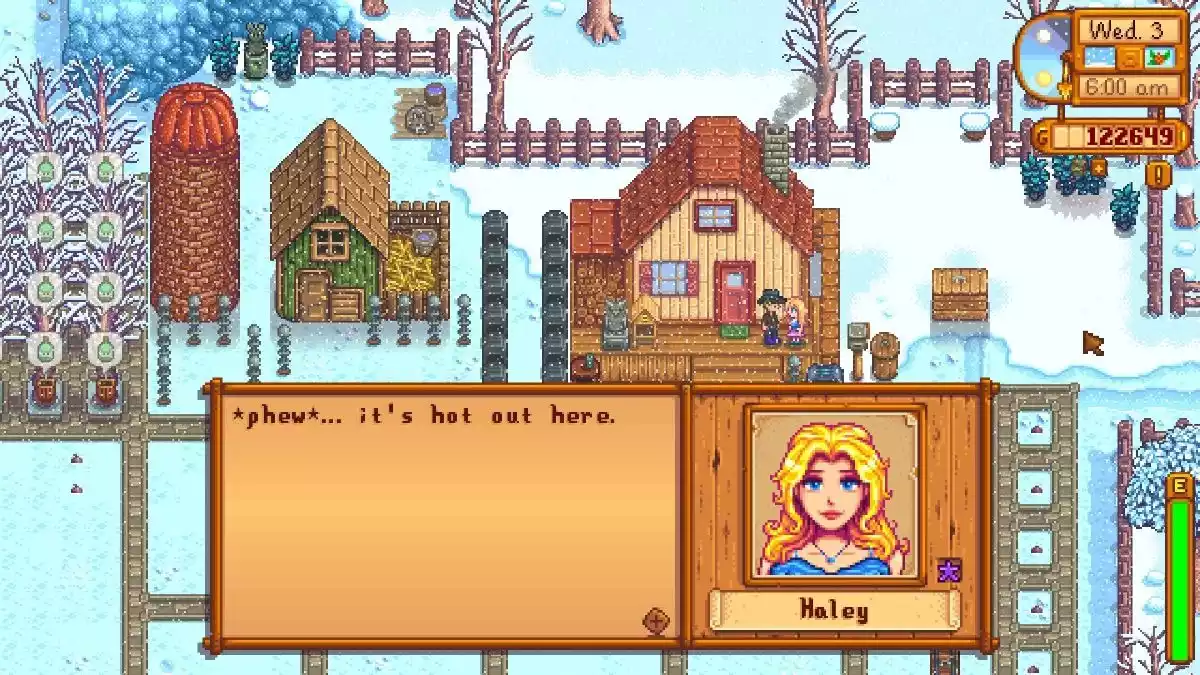 stardew valley haley outside in snow saying that it s hot