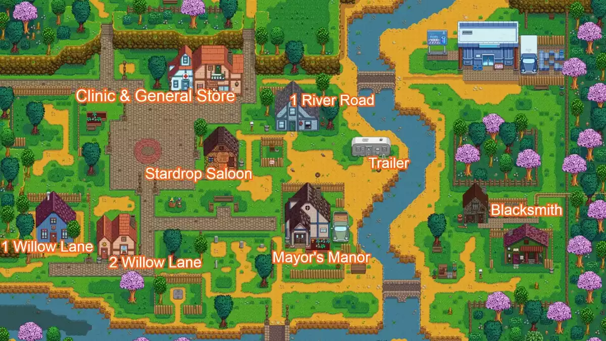 stardew valley map of pelican town with locations highlighted