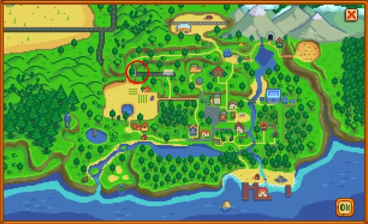 stardew valley map with tunnel circled