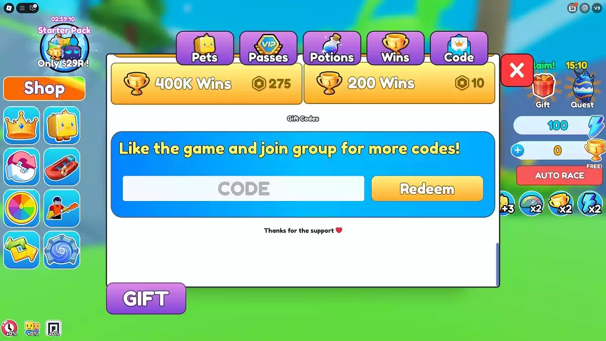 Como resgatar códigos em Corrida de Caiaque Roblox