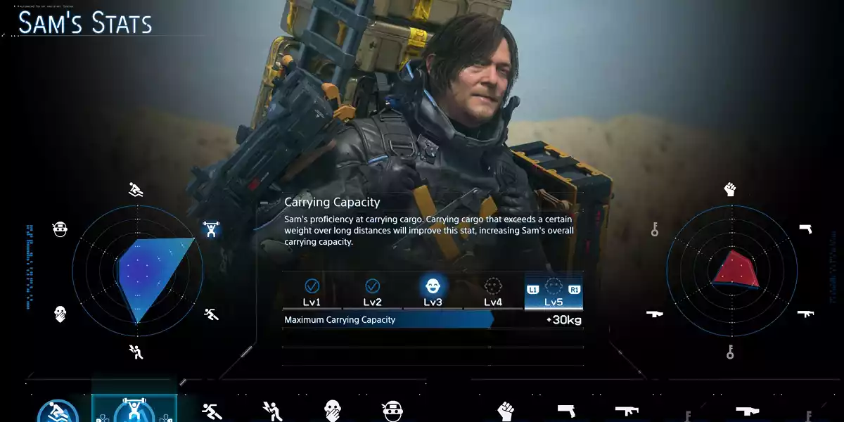 Estatísticas de Sam em Death Stranding 2 On the Beach